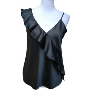 Highline Black Dressy Satin Blouse Ruffle Accent V-Neck Spaghetti Straps